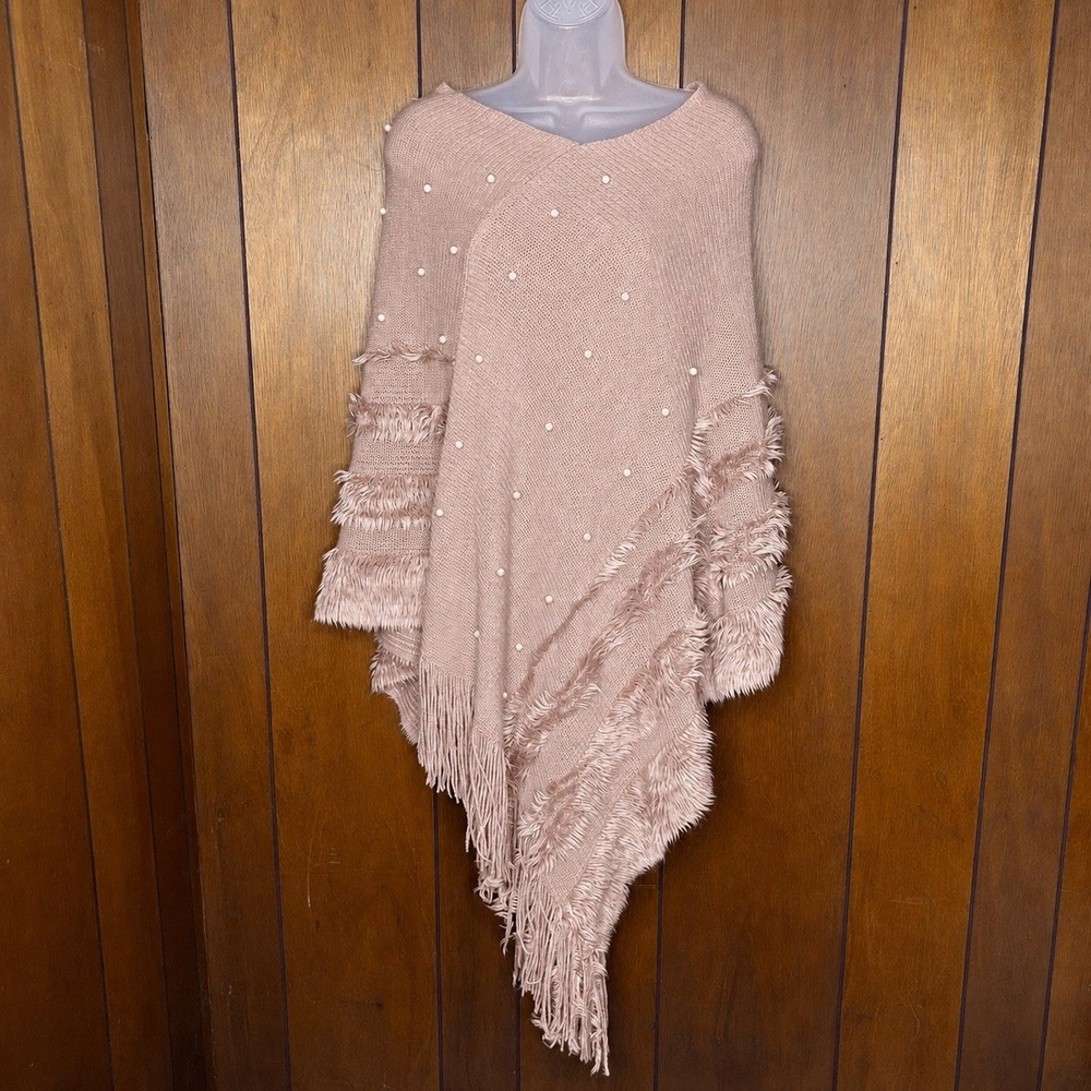 Jane & Berry Poncho Wrap Shawl One Size Pink Pearl Fringe Boho Cottagecore